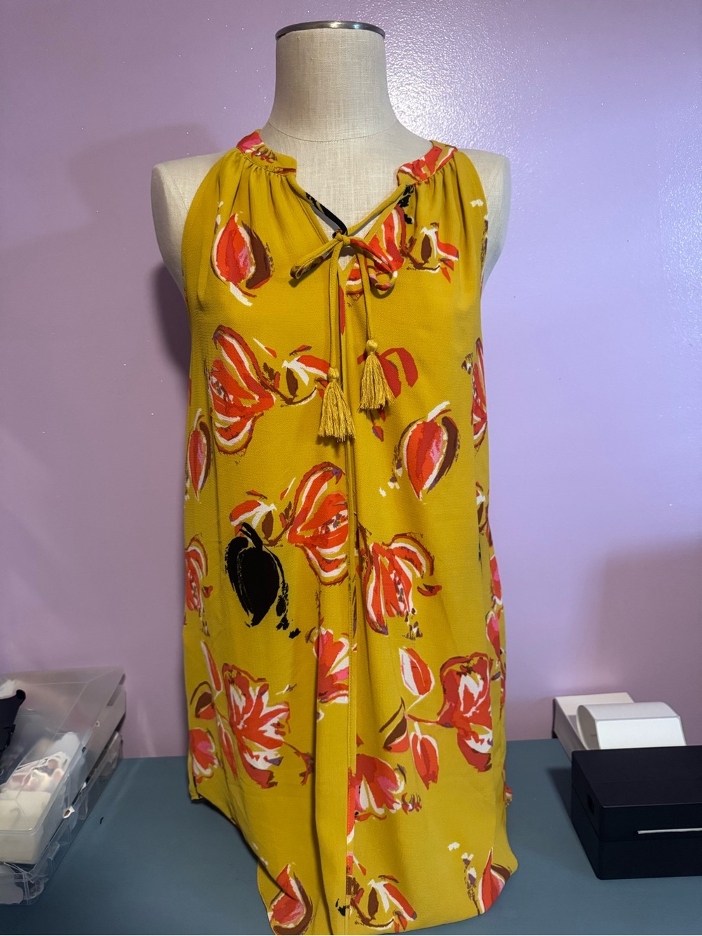 C/Me (C & Me) Mustard Yellow Floral Tie-Neck Dress